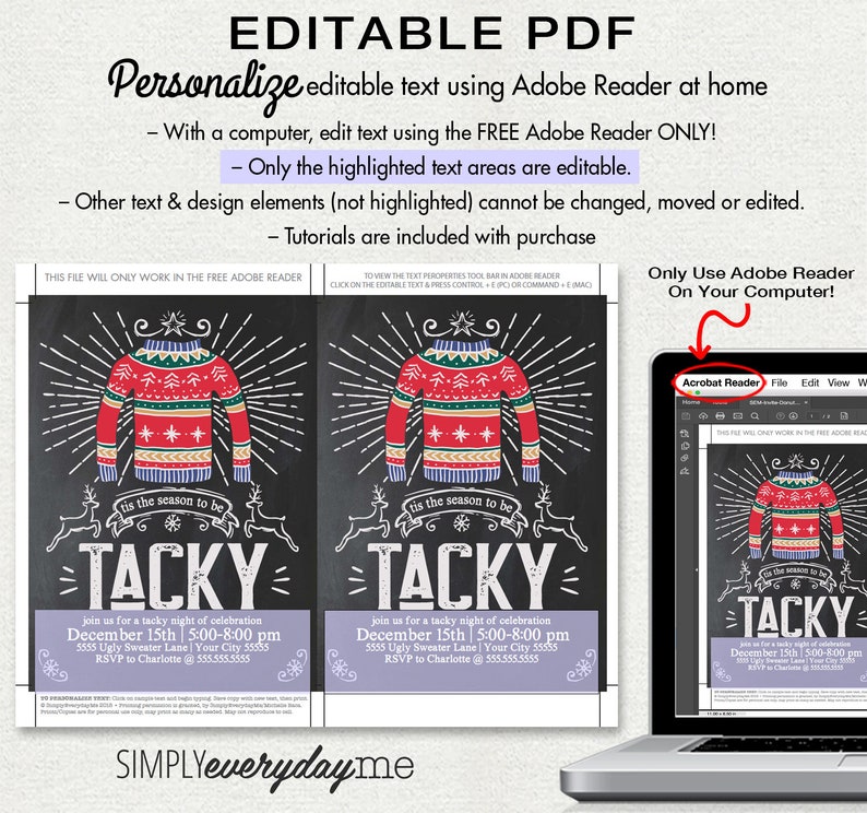 Ugly Sweater Party Invitation, Tacky Sweater Party, Christmas Party, Christmas Office Party Editable Text, Instant Download PDF Printable image 2