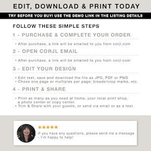 May include: A white background with black text explaining how to edit, download, and print a digital design. The text includes the steps: purchase and complete your order, open Corjl email, edit your design, and print and share. The text also includes a link to corjl.com. A five-star rating and a message from the seller is at the bottom of the image.