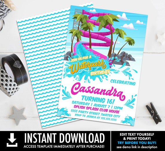 Waterpark Party Invitation - Waterslide Invite, Water Park Party, Pool Party | Self-Edit with CORJL-INSTANT DOWNLOAD Printable Template