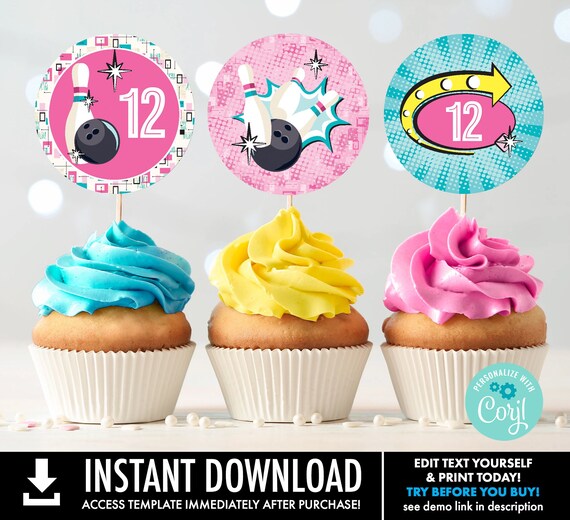 Bowling Party Cupcake Toppers - 2-inch CupcakeToppers & Cutouts, Bowling Birthday | You Personalize using CORJL - INSTANT DOWNLOAD Printable