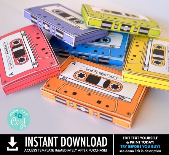 Cassette Tape Box - 7 EDITABLE boxes - gift card holder, party favor boxes - INSTANT Download D.I.Y. Printable PDF Kit Il_570xn