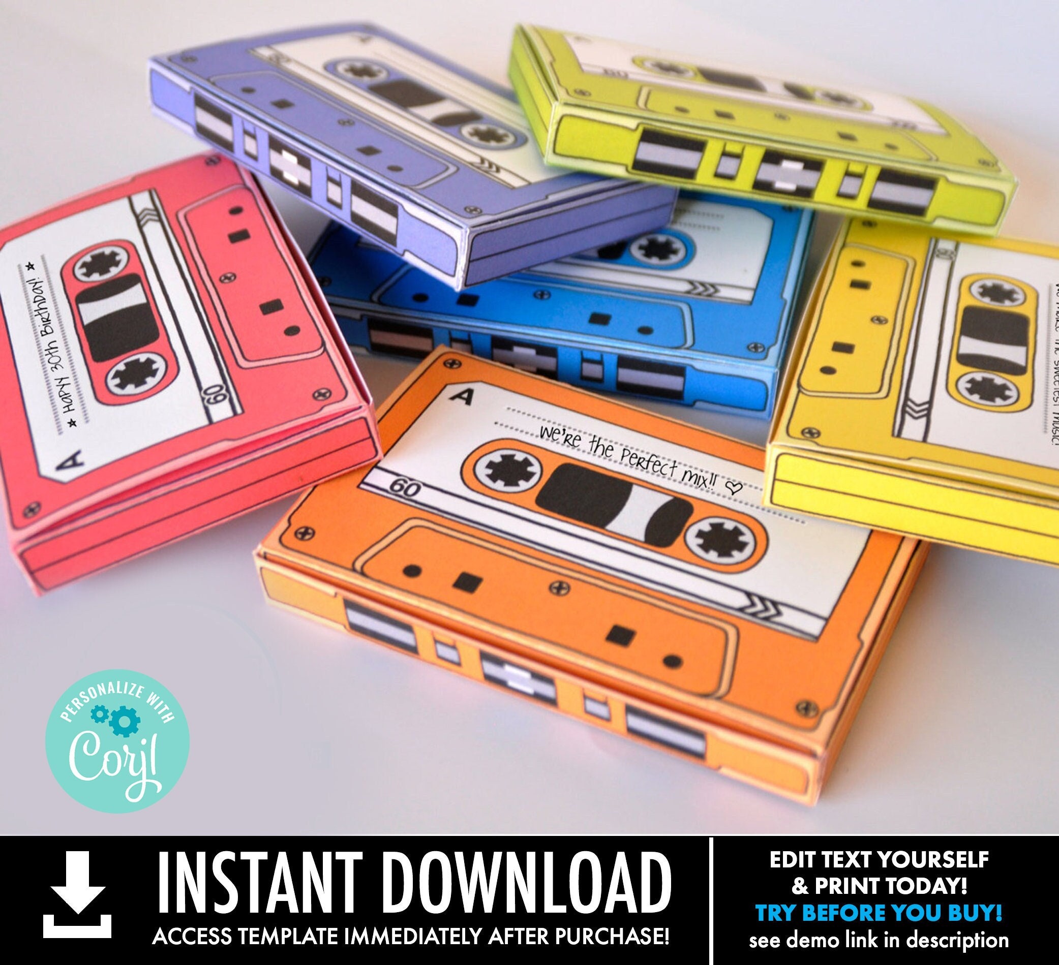 Cassette Tape Box 7 EDITABLE Boxes Gift Card Holder Party Favor 