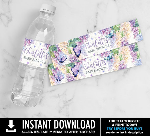 Butterfly Baby Shower Water Bottle Label/Wrap - Butterfly Birthday, Drink Label | Self-Edit with CORJL - INSTANT DOWNLOAD Printable