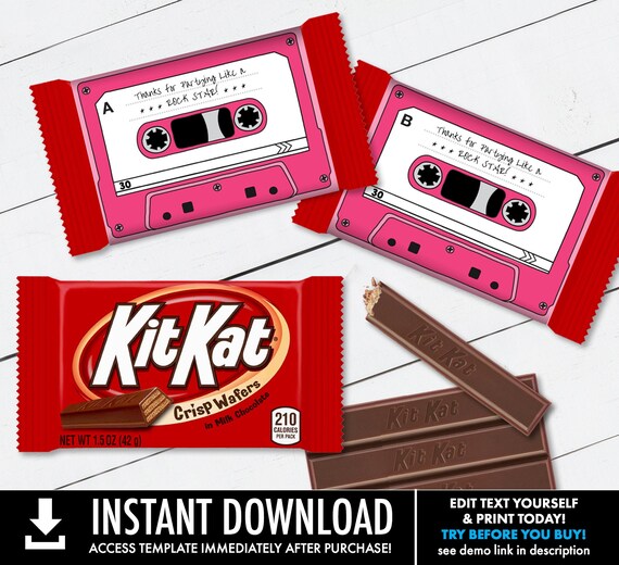Cassette Tape Kit Kat Candy Bar Label/Wrapper - Retro Party Favor, 80's Party, Pink | Self-Edit with CORJL - INSTANT DOWNLOAD Printable Il_570xn