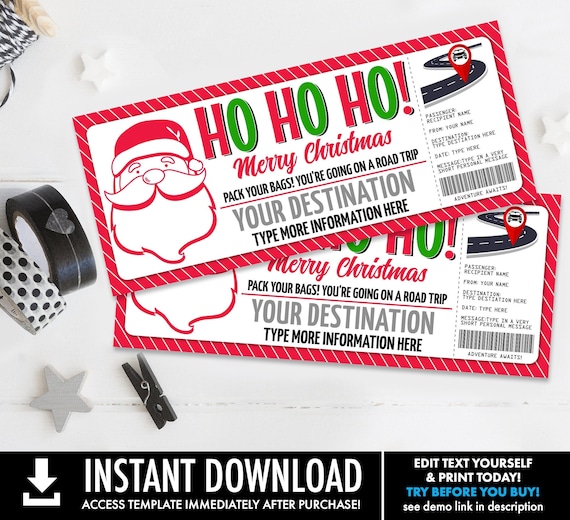 Christmas Road Trip Surprise Ticket Voucher, Gift Reveal, Weekend Getaway | Self-Edit with CORJL - INSTANT DOWNLOAD Printable