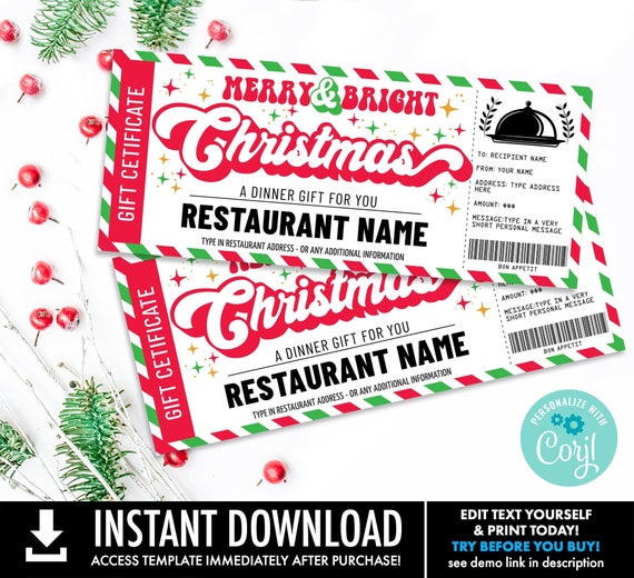 Christmas Dinner Gift Certificate, Dinner Night Out Gift Voucher,Merry & Bright | Self-Edit with CORJL-INSTANT DOWNLOAD Printable