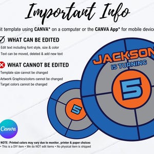 May include: Printable birthday party invitation featuring a blue, orange and grey target design with the text "JACKSON IS TURNING 5". The invitation includes instructions on what can and cannot be edited in Canva.