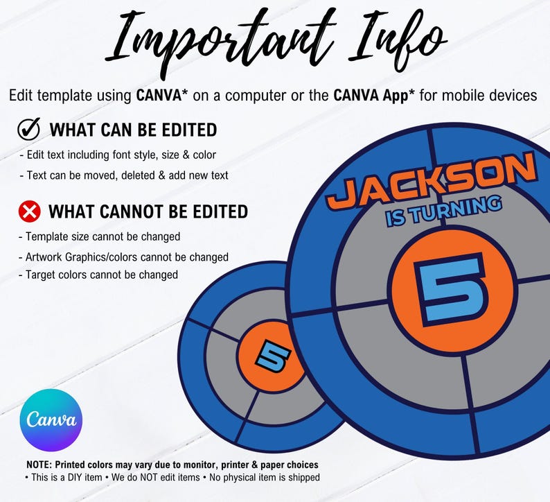 May include: Printable birthday party invitation featuring a blue, orange and grey target design with the text "JACKSON IS TURNING 5". The invitation includes instructions on what can and cannot be edited in Canva.