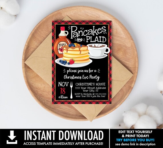 Christmas Pancakes & Plaid 8.5x11 FLYER Invite, Breakfast with Santa Party, Lumberjack Christmas Party | Edit using CORJL–Instant DOWNLOAD