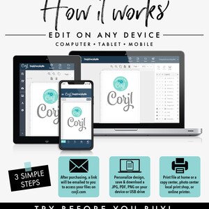 May include: A digital design template displayed on a tablet, phone, and laptop. The image shows the text "How it works" and instructions for editing on any device. The steps include accessing files, personalizing designs, and printing.
