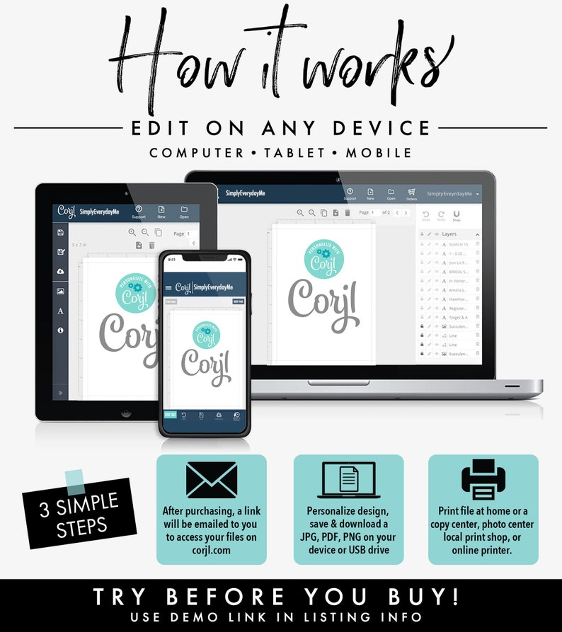 May include: A digital design template displayed on a tablet, phone, and laptop. The image shows the text "How it works" and instructions for editing on any device. The steps include accessing files, personalizing designs, and printing.