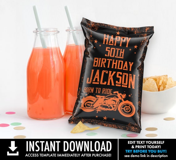 Motorcycle Party Chip Bag Wrap - Favor Bags, Birthday Party Treat Bag | You Personalize using CORJL–INSTANT Download Printable Template