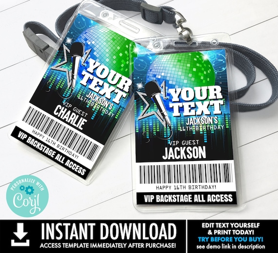 Rockstar (Your Text) VIP Badge,Party like a Rock Star,Rock n Roll,Backstage Pass | Self-Edit with CORJL -INSTANT Download Printable Template