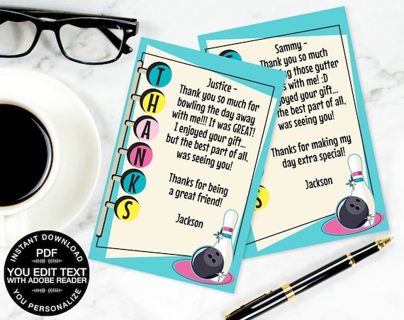 Bowling Party Thank You 4"x6" Cards, Bowling Party, Birthday, Retro Bowling, Turquoise Pink | Editable Text INSTANT Download PDF Printable Il_570xn