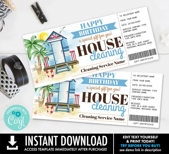 House Cleaning Birthday Gift Certificate,Maid Service,Beach House,Summer,Gift Voucher|Personalize using CORJL-INSTANT DOWNLOAD Printable