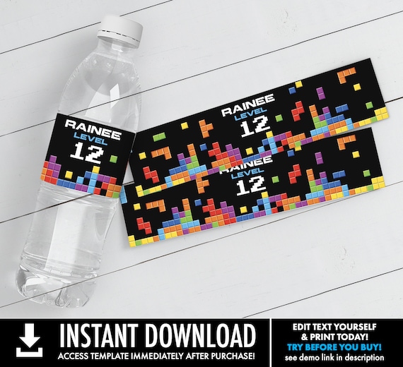 Retro Video Game Water Bottle Labels or Wrappers - Retro Video Gamer Birthday | Self-Edit with CORJL - INSTANT DOWNLOAD Printable Template Il_570xn