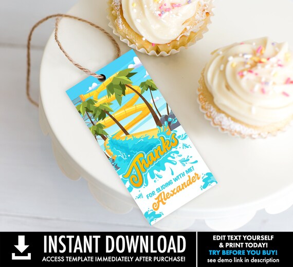 Waterpark Favor Tag - Waterslide Favor Tag, Party Favor Tag, Gift Tag | Self-Edit with CORJL - INSTANT DOWNLOAD Printable Template