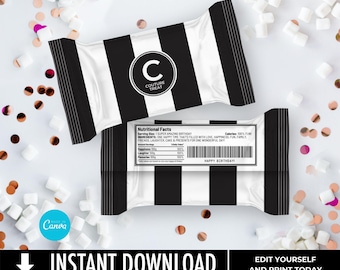Couture Birthday Bridal Baby Shower Krispie Rice Treat Label, Black & White Stripe Favor, Wedding Favor | Edit with CANVA–INSTANT DOWNLOAD