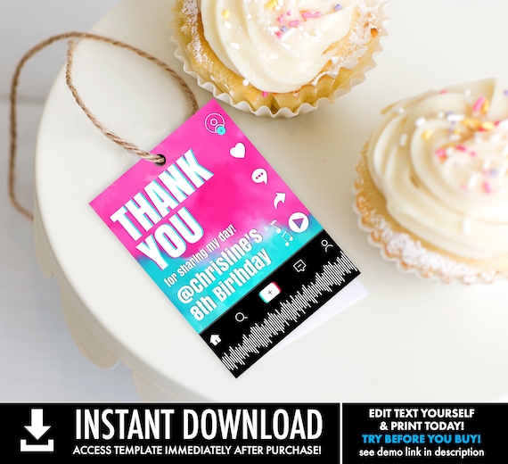 Social Media Party Favor Tag - Thank You Tag, Gift Tag, Video Party,Dance Party | Self-Edit with CORJL - INSTANT DOWNLOAD Printable Template Il_570xn