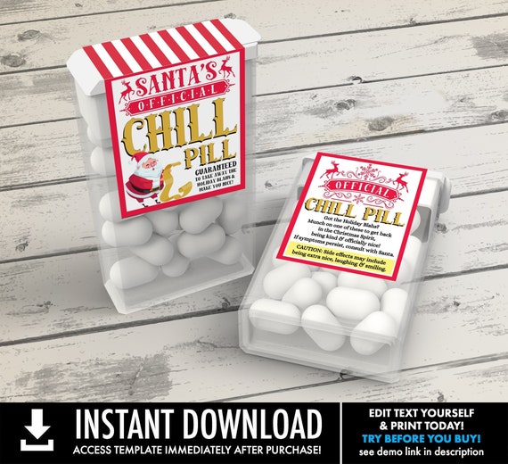 Santa's Chill Pill Tic Tac Label, Holiday Blahs, Christmas Party, Santa's Nice List | Self-Editing with CORJL - INSTANT Download Printable Il_570xn