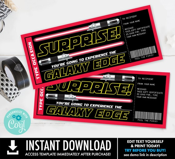 Light Sword Galaxy Edge Gift Certificate, Surprise Gift Reveal, Amusement Park Gift Voucher | Edit with CORJL-INSTANT DOWNLOAD Printable