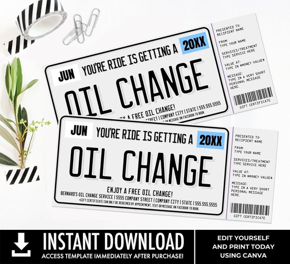 Oil Change Gift Certificate, License Plate Surprise Gift Voucher, Fix Your Ride | Self-Edit with CANVA - INSTANT DOWNLOAD Printable Template