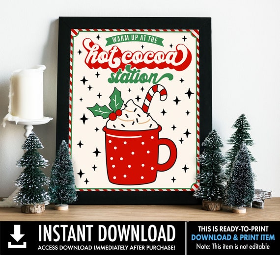 Retro Christmas Hot Cocoa Station Sign,Christmas Movie Decor,Hot Chocolate,Family Movie Night | Ready-To-Print INSTANT Download Printable