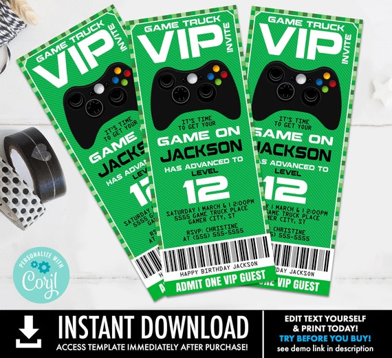 Video Game Truck Ticket Invitation - Gamer Birthday Party,Game Truck,Controller | Self-Edit with CORJL - INSTANT DOWNLOAD Printable Template