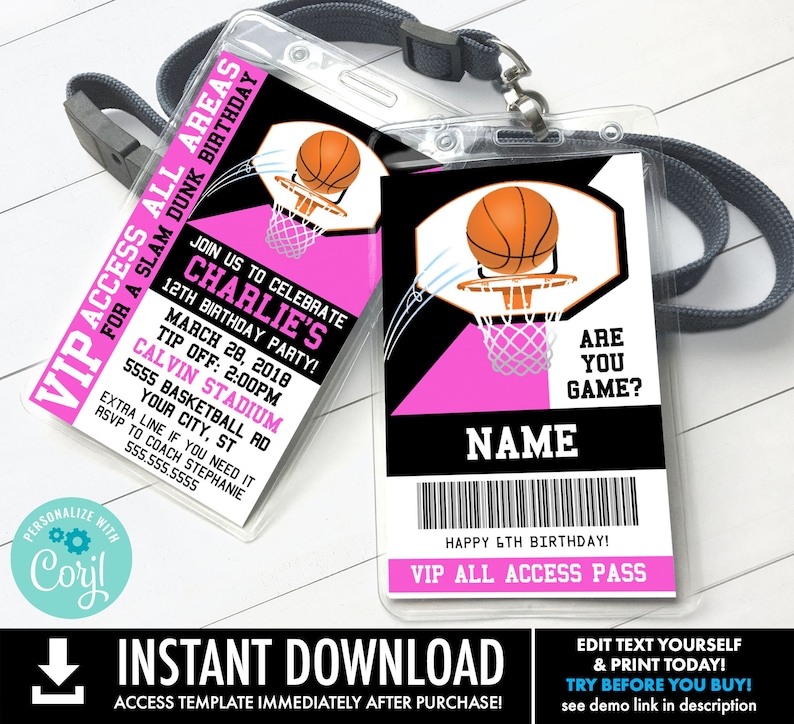 Inbjudan till VIP-ID-bricka för basket - Inbjudan till basket, All Star-bricka | Självredigering med CORJL - Direkt nedladdning, utskrivbar bild 1