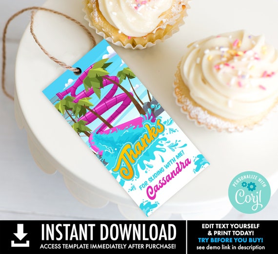 Waterpark Favor Tag - Waterslide Favor Tag, Party Favor Tag, Gift Tag | You Personalize using CORJL - INSTANT DOWNLOAD Printable Template