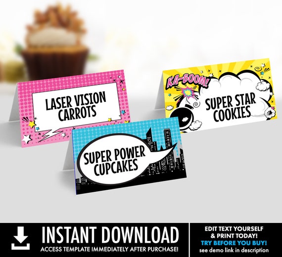 Supergirl Food Labels - Supergirl-Superhero Party, Table Tent, Place Card, Buffet Tags | Self-Edit with CORJL - INSTANT DOWNLOAD Printable