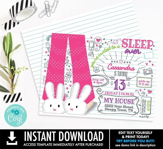 Slumber Party Invitation,Sleepover Party,Pajama Party,Donuts & Pajamas,Sleepover | You Personalize using CORJL-INSTANT DOWNLOAD Printable