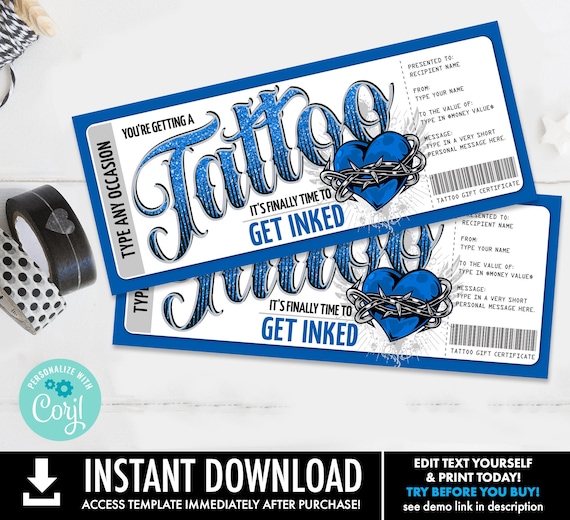 Tattoo Gift Certificate - Heart Design - Get Inked Gift Card Voucher, BlueGlitter | Self-Edit with CORJL - INSTANT DOWNLOAD Printable