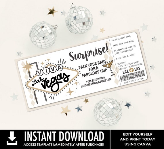 Surprise Trip to Las Vegas, Surprise Ticket Voucher, Vacation Reveal, Weekend Getaway | Edit with CANVA - INSTANT DOWNLOAD Printable