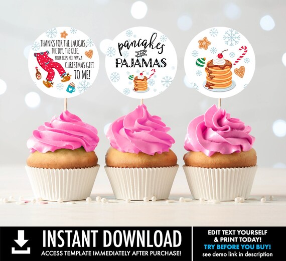 Pancakes and Pajama's Cupcake Topper, Breakfast with Santa Christmas Party Cupcake Topper | You Edit with CORJL–INSTANT Download Printable