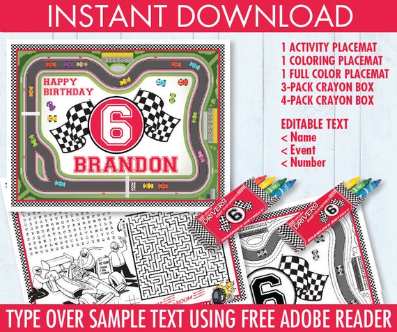 Race Car Party Placemat - Cars Party, Formula One Party, Activity Page, Crayon Box, Game Placemat - DIY Printable Kit INSTANT Download PDF