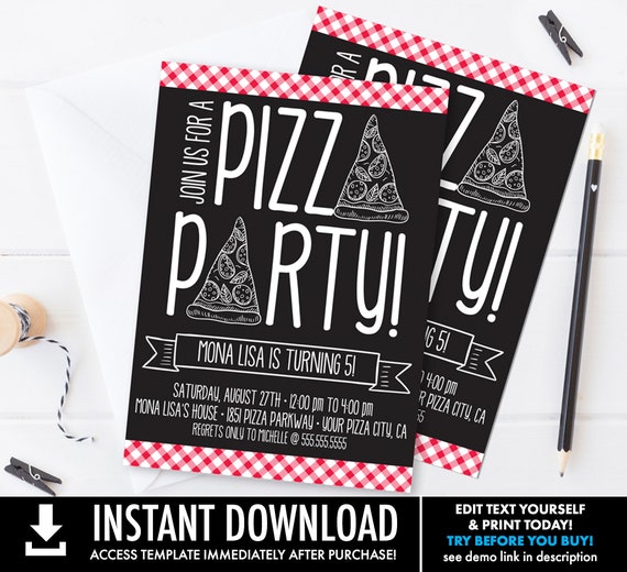 Pizza Party Invitation - Pizza Birthday Party, Pizza Party, Italian Party | Self-Edit with CORJL - INSTANT DOWNLOAD Printable Template Il_570xn