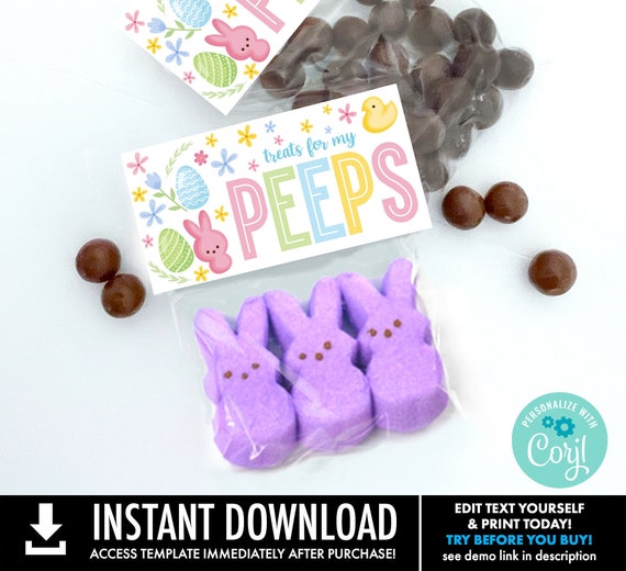 Easter 4" Treat Topper - Treats For My Peeps Topper, Easter Baggie Topper | Self-Edit with CORJL - INSTANT DOWNLOAD Printable Template
