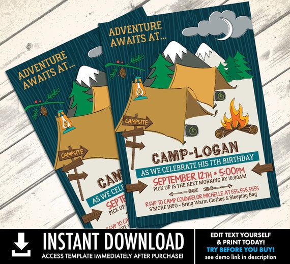 Camping Party Invitation - Camping Birthday Party, Woodland, Glamping, Fishing | Self-Edit with CORJL - INSTANT DOWNLOAD Printable Il_570xn