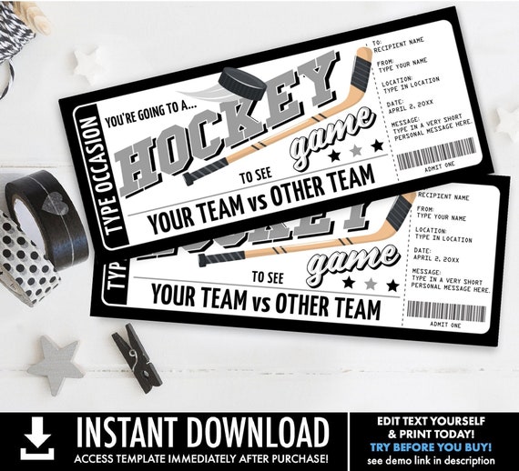 Hockey Ticket Voucher Gift - Surprise Game Ticket, Gift Voucher, Surprise Gift | You Personalize with CORJL - INSTANT DOWNLOAD Printable