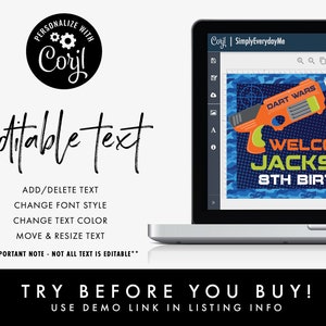May include: Editable digital printable sign for a birthday party with a blue, green, and orange color scheme. The sign features a cartoon image of a toy gun and the text "Dart Wars", "Welcome Jackson", and "8th Birthday".