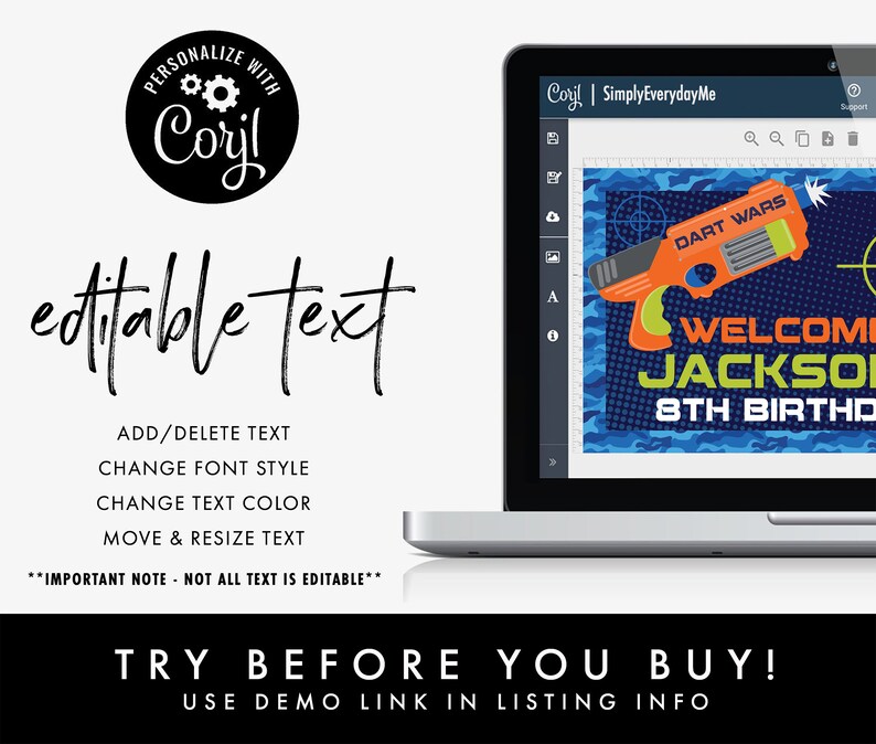 May include: Editable digital printable sign for a birthday party with a blue, green, and orange color scheme. The sign features a cartoon image of a toy gun and the text "Dart Wars", "Welcome Jackson", and "8th Birthday".