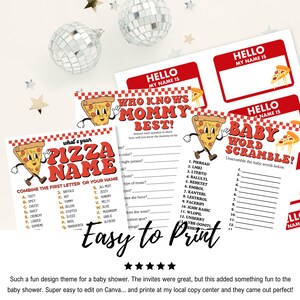 May include: Printable baby shower game cards with a pizza theme. The cards feature a cartoon pizza with a face and the text "What's Your Pizza Name?" and "Baby Word Scramble!"