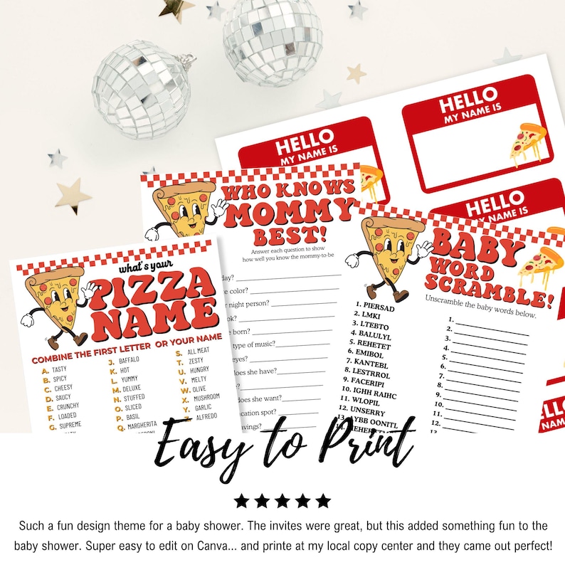 May include: Printable baby shower game cards with a pizza theme. The cards feature a cartoon pizza with a face and the text "What's Your Pizza Name?" and "Baby Word Scramble!"