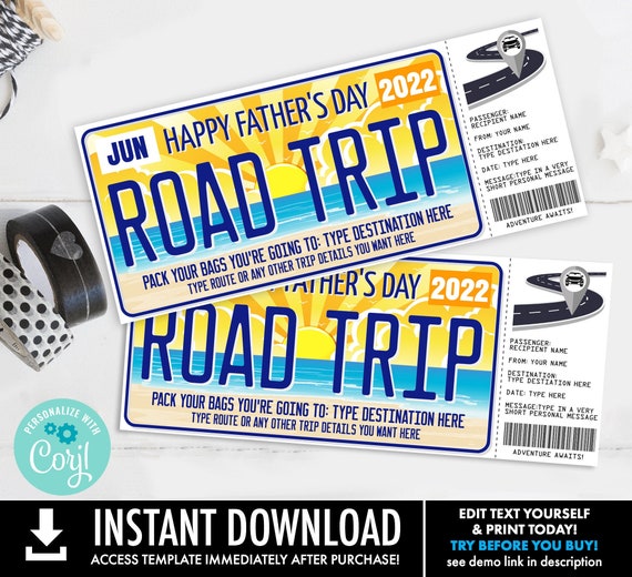 Father's Day Road Trip Gift Voucher, License Plate Voucher, Vacation, Weekend Getaway | Self-Edit with CORJL - INSTANT DOWNLOAD Printable