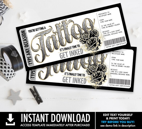 Tattoo Gift Certificate - Rose Design - Get Inked Gift Card Voucher | You Personalize with CORJL - INSTANT DOWNLOAD Printable