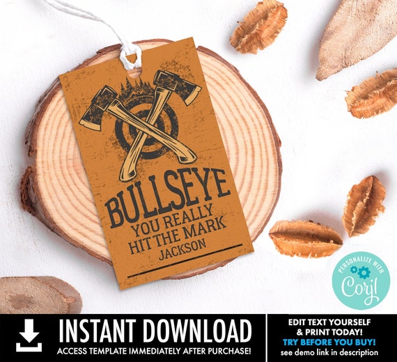 Axe Throwing Party Favor Tag–Bad Axe Birthday, Bullseye Gift Tag,Lumberjack | You Personalize using CORJL - INSTANT DOWNLOAD Printable