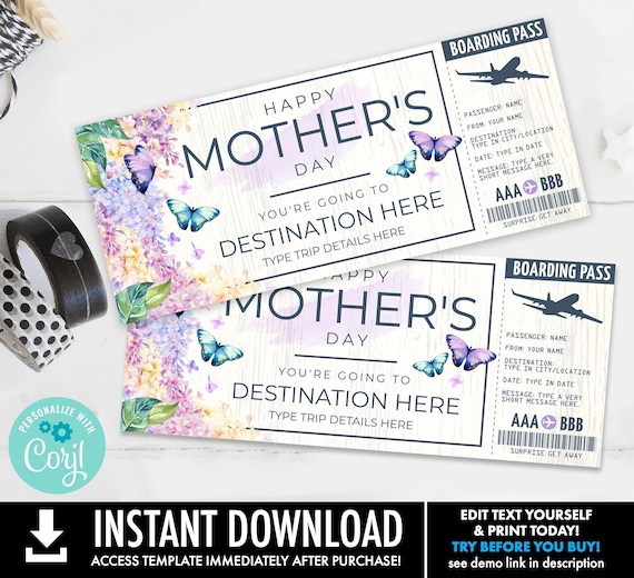 Butterfly Mother's Day Boarding Pass,Surprise Trip Voucher,Vacation Gift Certificate| You Personalize using CORJL–INSTANT Download Printable