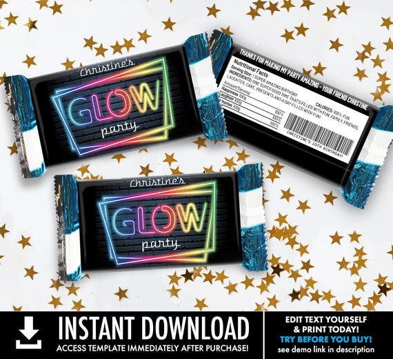 Neon Glow Party Krispie Rice Treat Wrap/Label, Neon Glow Theme, Treat Favor Wrap | Self-Edit with CORJL - INSTANT Download Printable