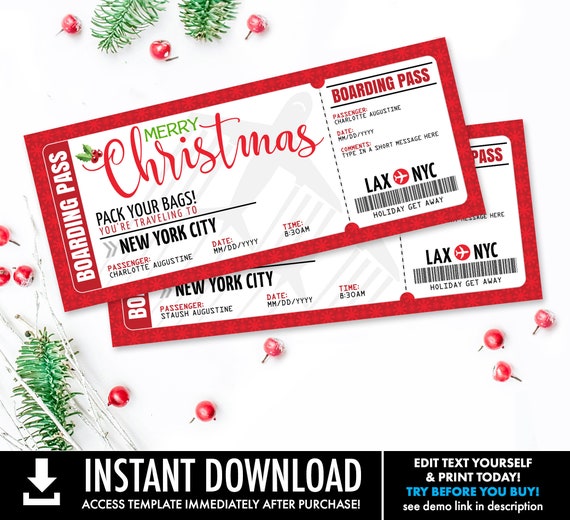 Christmas Boarding Pass Ticket - Surprise Trip Reveal, Flight, Holiday Fake Plane Ticket | Self-Edit with CORJL - INSTANT DOWNLOAD Printable